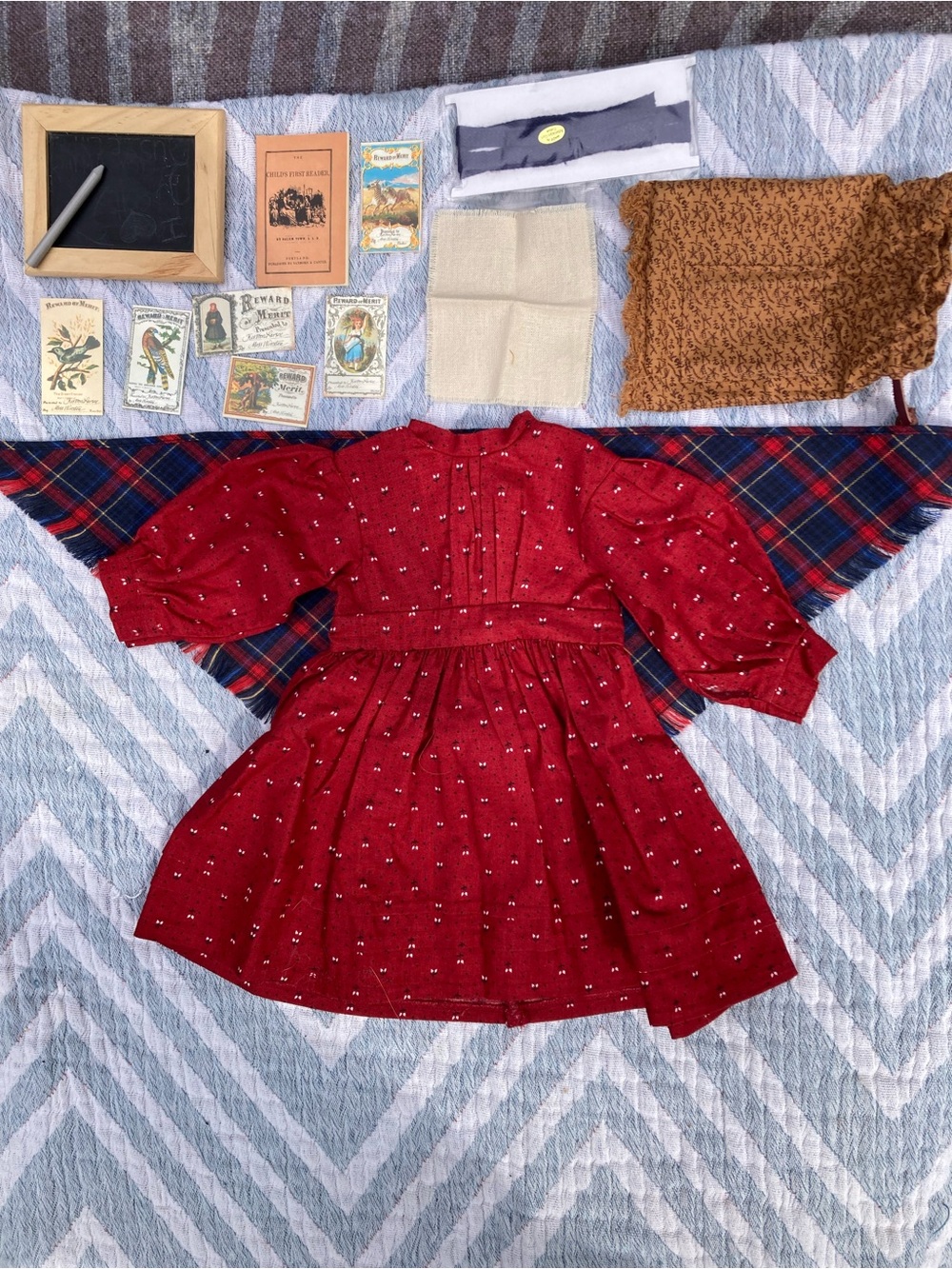 Pleasant Company American Girl Kirsten School Dress, Shawland supplies, ribbons